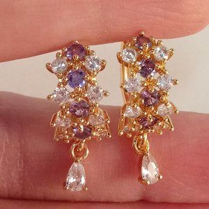 18K Yellow Gold Filled Amethyst Purple Diamond Zircon Dangle Hoop Earrings